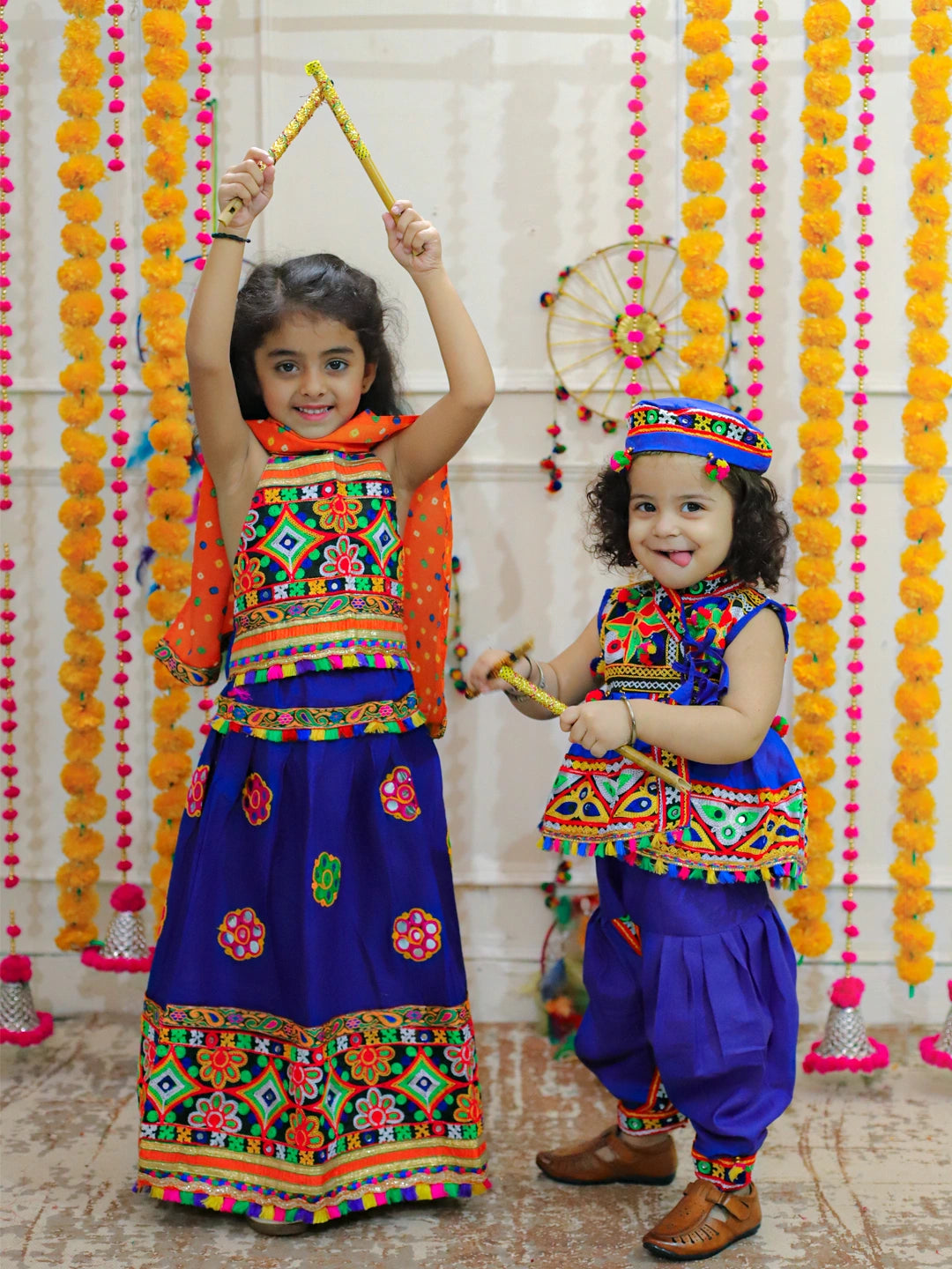 BownBee Sibling Embroidered kediya with Dhoti and Cap for Boys and Blue Mirror Work Chaniya Choli with Dupatta