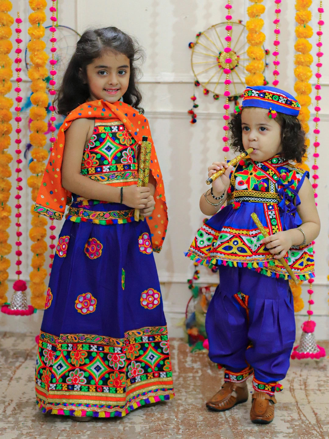 BownBee Sibling Embroidered kediya with Dhoti and Cap for Boys and Blue Mirror Work Chaniya Choli with Dupatta