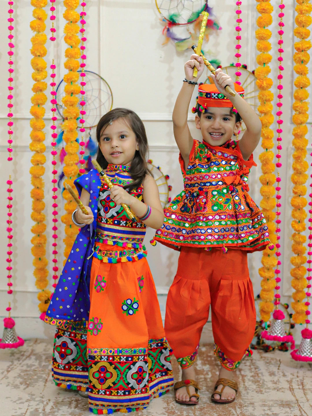 BownBee Sibling Embroidered kediya with Dhoti and Cap for Boys and Mirror Work Chaniya Choli with Dupatta