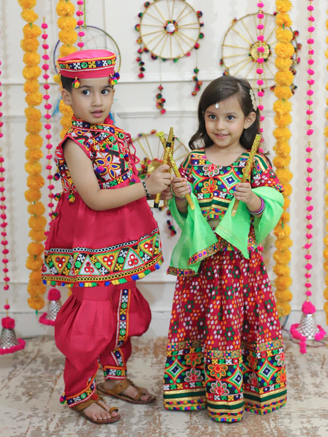 BownBee Sibling Embroidered kediya with Dhoti and Cap for Boys and Bandhani Print Cotton Lehnga Choli
