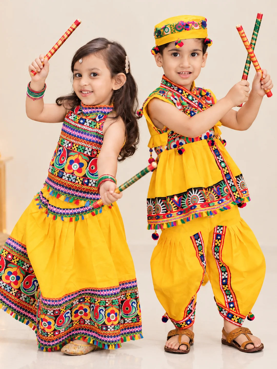 BownBee Sibling Embroidered kediya with Dhoti and Cap for Boys and Bandhani halter neck chaniya choli for Girls