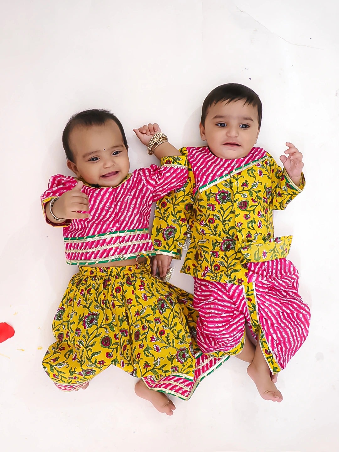 BownBee Pure Cotton Printed Lehenga Choli & Kurta Dhoti Sibling Set For Infants - Pink