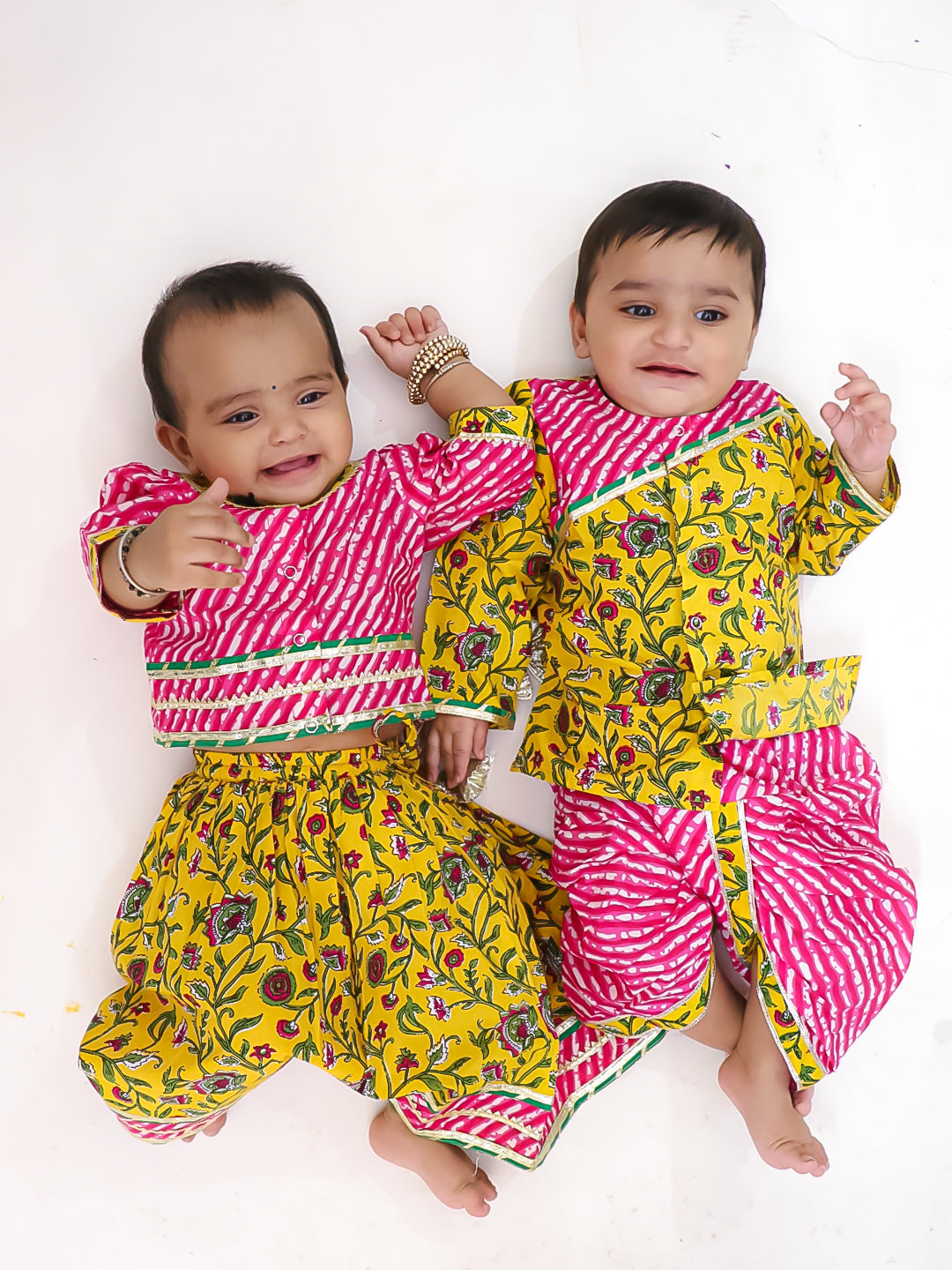 BownBee Pure Cotton Printed Lehenga Choli & Kurta Dhoti Sibling Set For Infants - Pink
