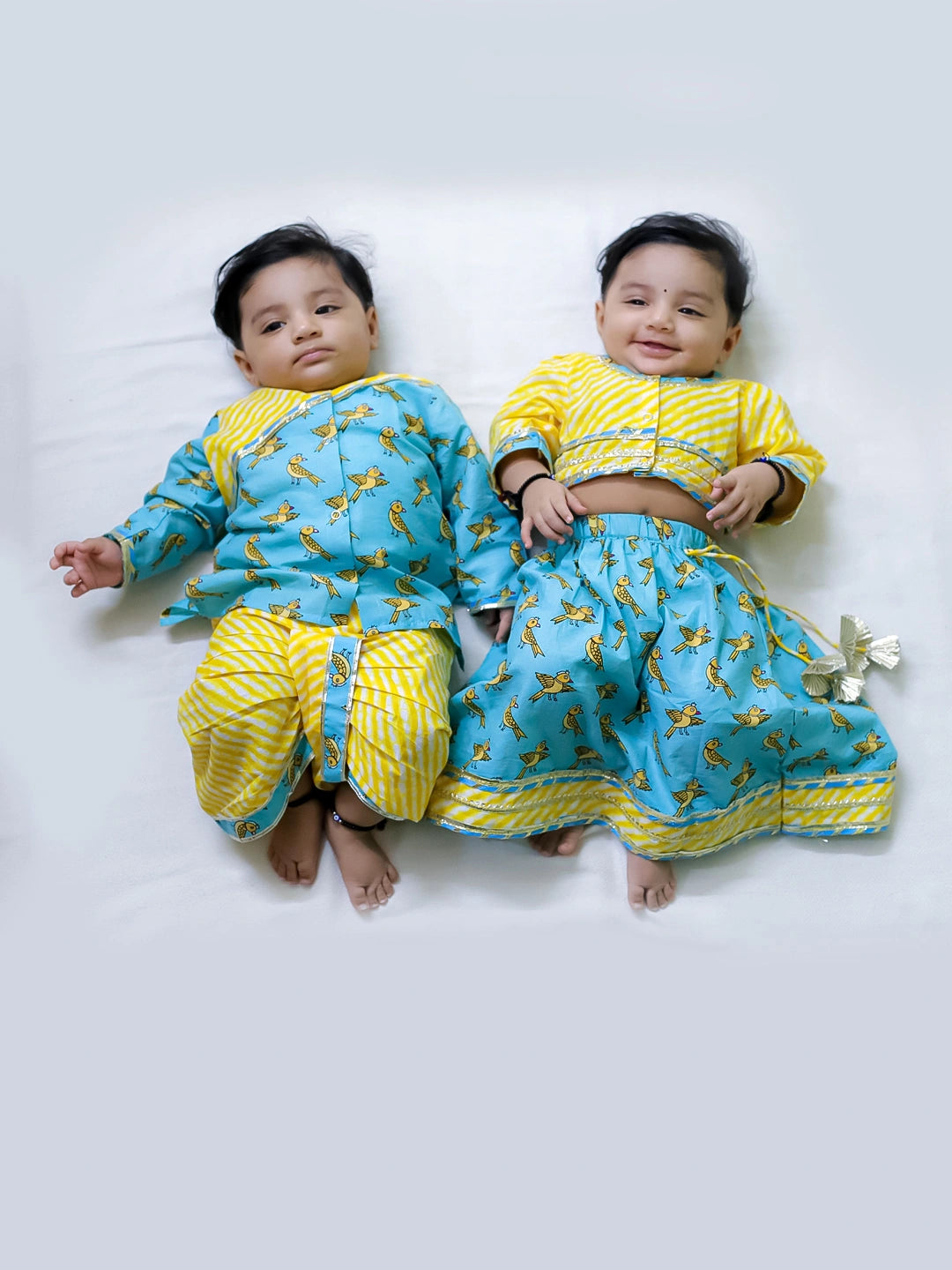 BownBee Chatty Parrot Dhoti Kurta & Sweet Talker Lehanga Choli Sibling Set