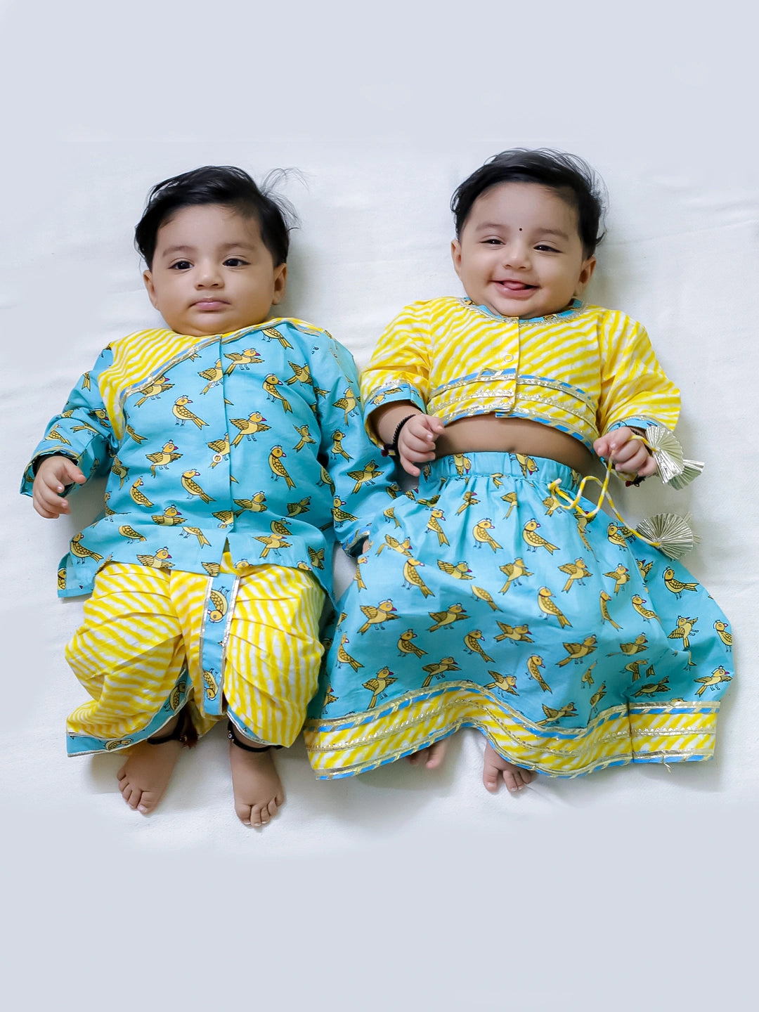 BownBee Chatty Parrot Dhoti Kurta & Sweet Talker Lehanga Choli Sibling Set