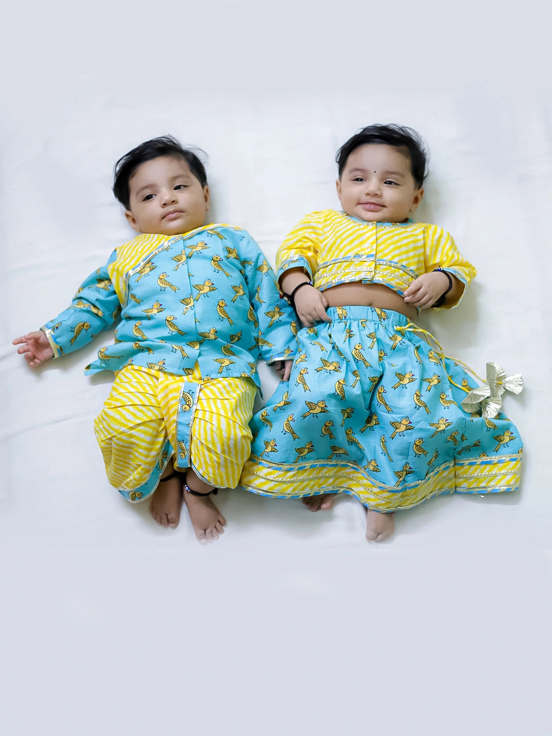 BownBee Chatty Parrot Dhoti Kurta & Sweet Talker Lehanga Choli Sibling Set