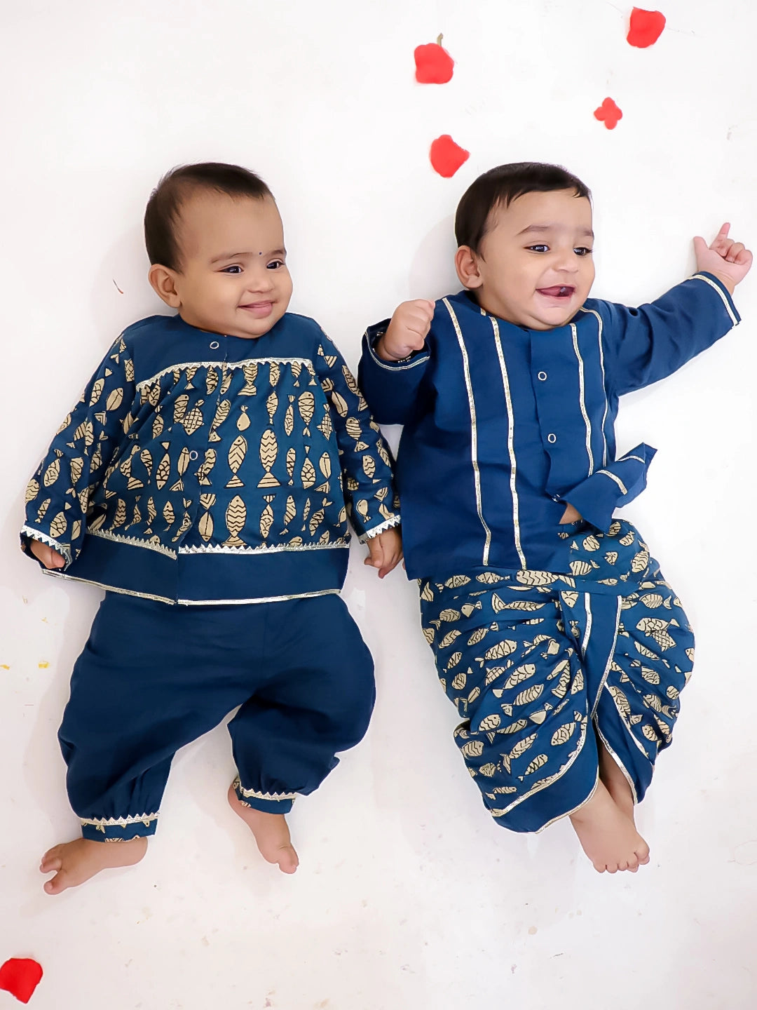 BownBee Festive Suit With Dhoti kurta Sibling Set For Infants - Blue