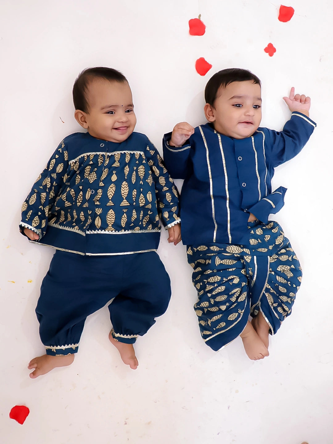 BownBee Festive Suit With Dhoti kurta Sibling Set For Infants - Blue