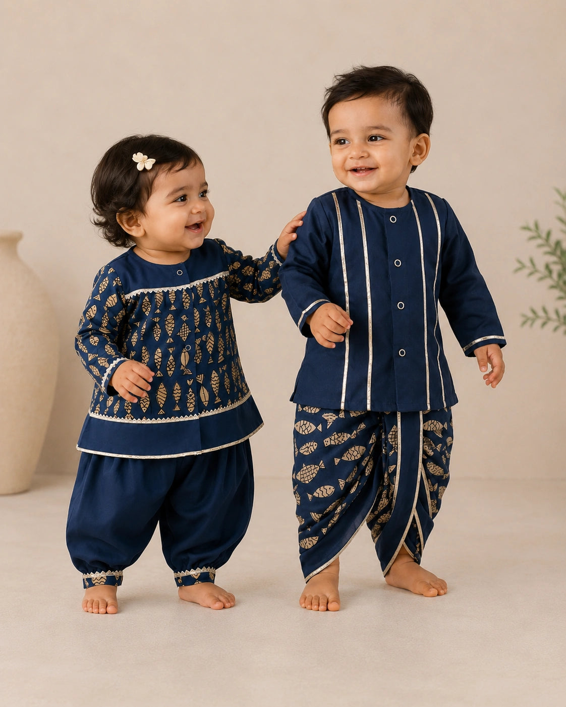 BownBee Festive Suit With Dhoti kurta Sibling Set For Infants
