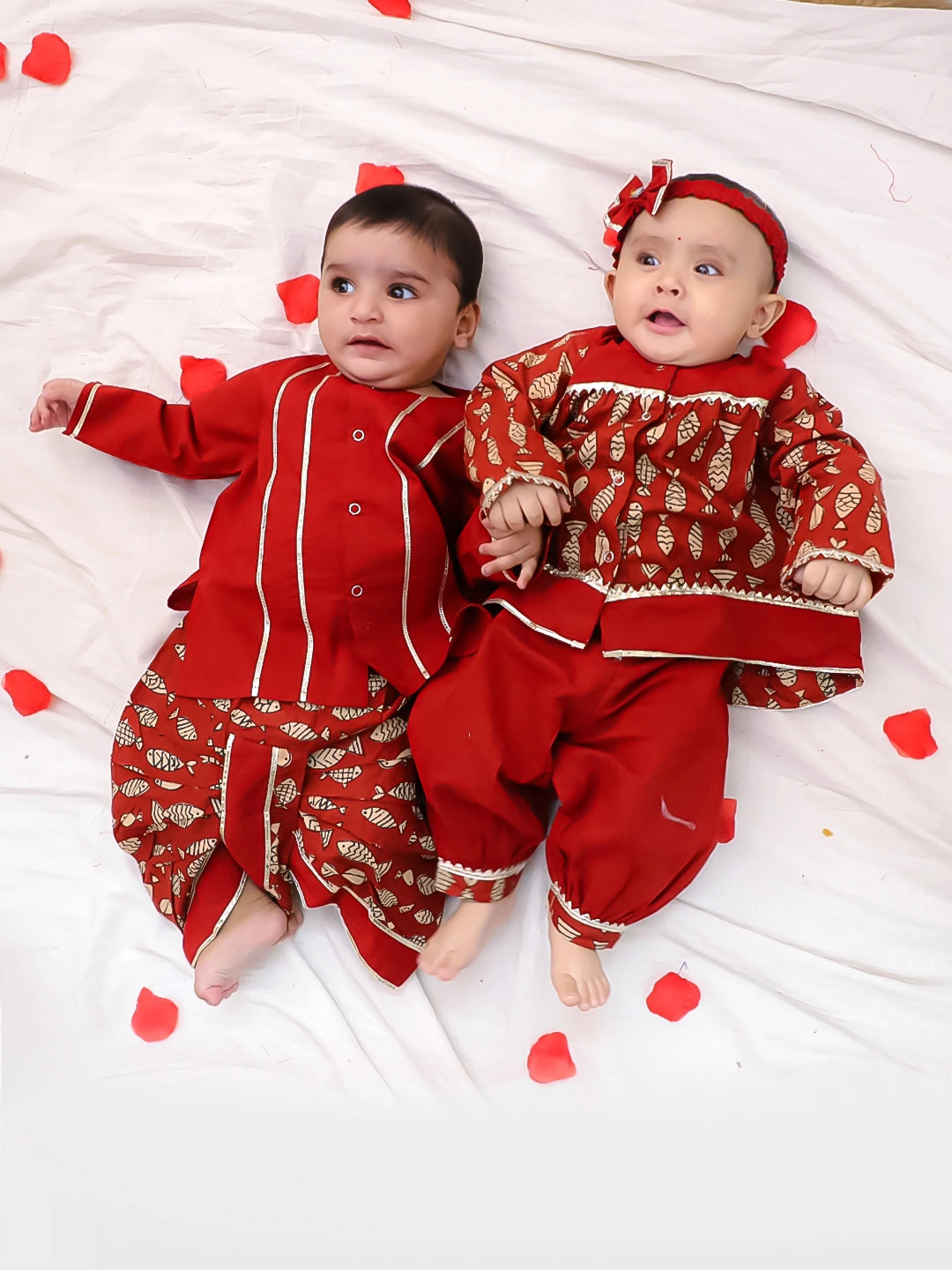 BownBee Festive Suit With Dhoti kurta Sibling Set For Infants - Maroon