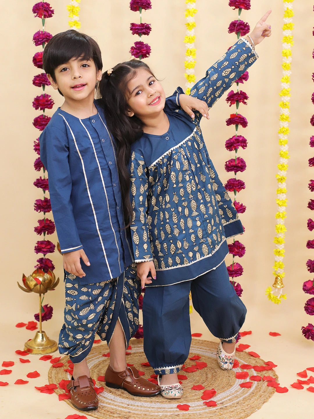 BownBee Festive Suit with Dhoti Kurta Sibling Set | Ethnic Wear for Brothers & Sisters – Blue