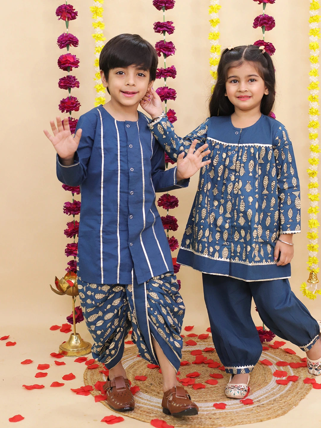 BownBee Festive Suit with Dhoti Kurta Sibling Set | Ethnic Wear for Brothers & Sisters – Blue
