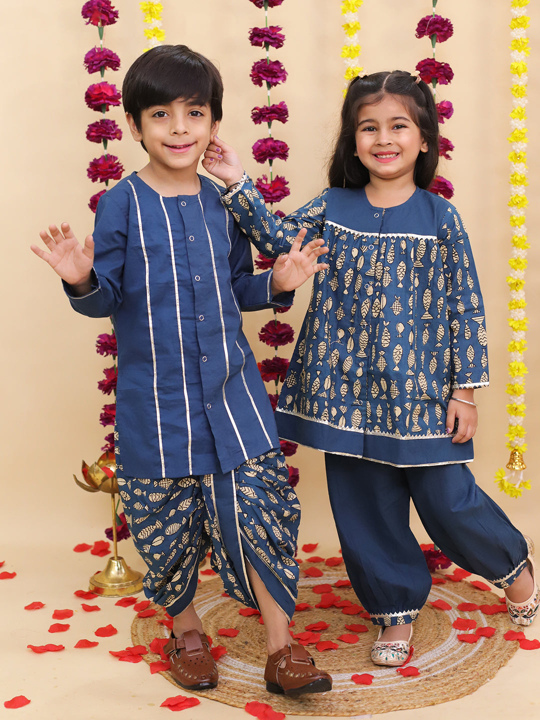 BownBee Festive Suit with Dhoti Kurta Sibling Set | Ethnic Wear for Brothers & Sisters – Blue
