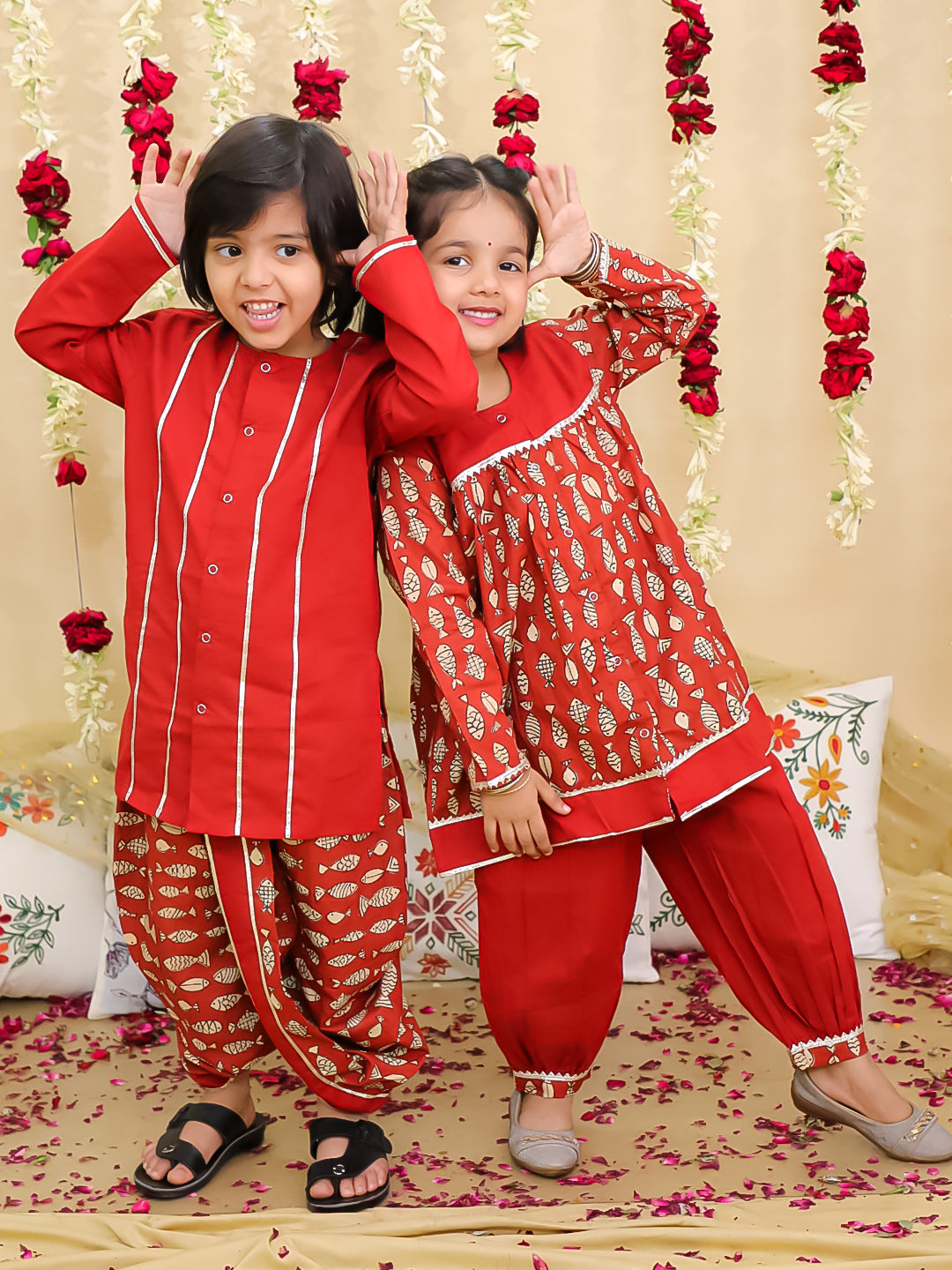 BownBee Festive Suit with Dhoti Kurta Sibling Set | Ethnic Wear for Brothers and Sisters – Maroon