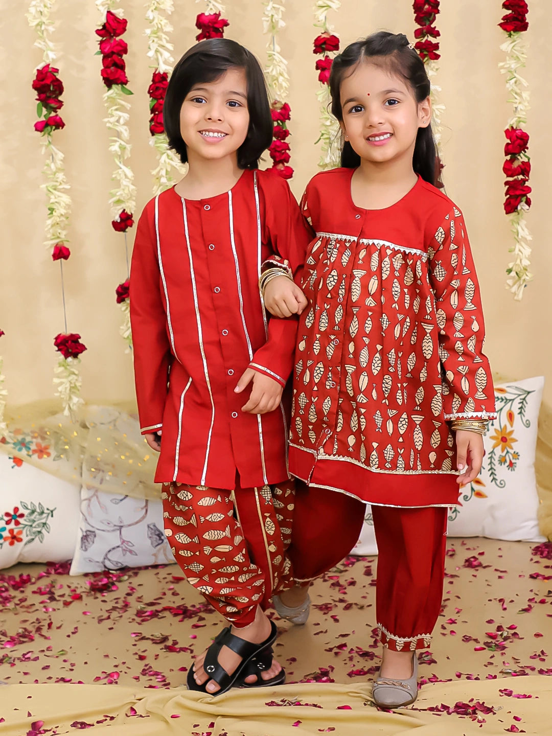 BownBee Festive Suit with Dhoti Kurta Sibling Set | Ethnic Wear for Brothers and Sisters – Maroon