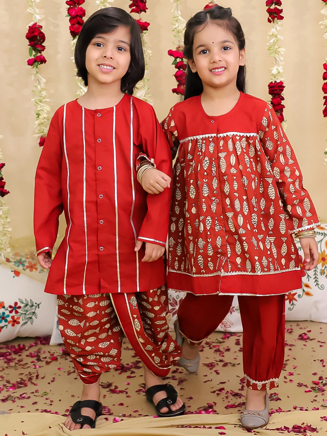 BownBee Festive Suit with Dhoti Kurta Sibling Set | Ethnic Wear for Brothers and Sisters – Maroon
