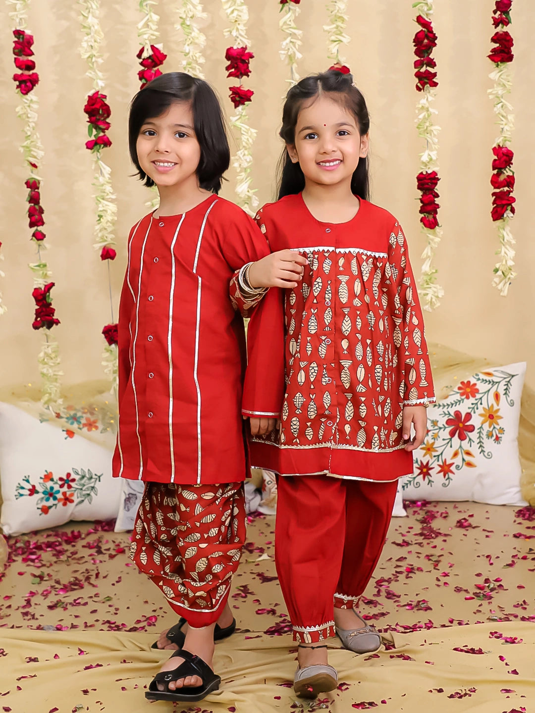 BownBee Festive Suit with Dhoti Kurta Sibling Set | Ethnic Wear for Brothers and Sisters – Maroon