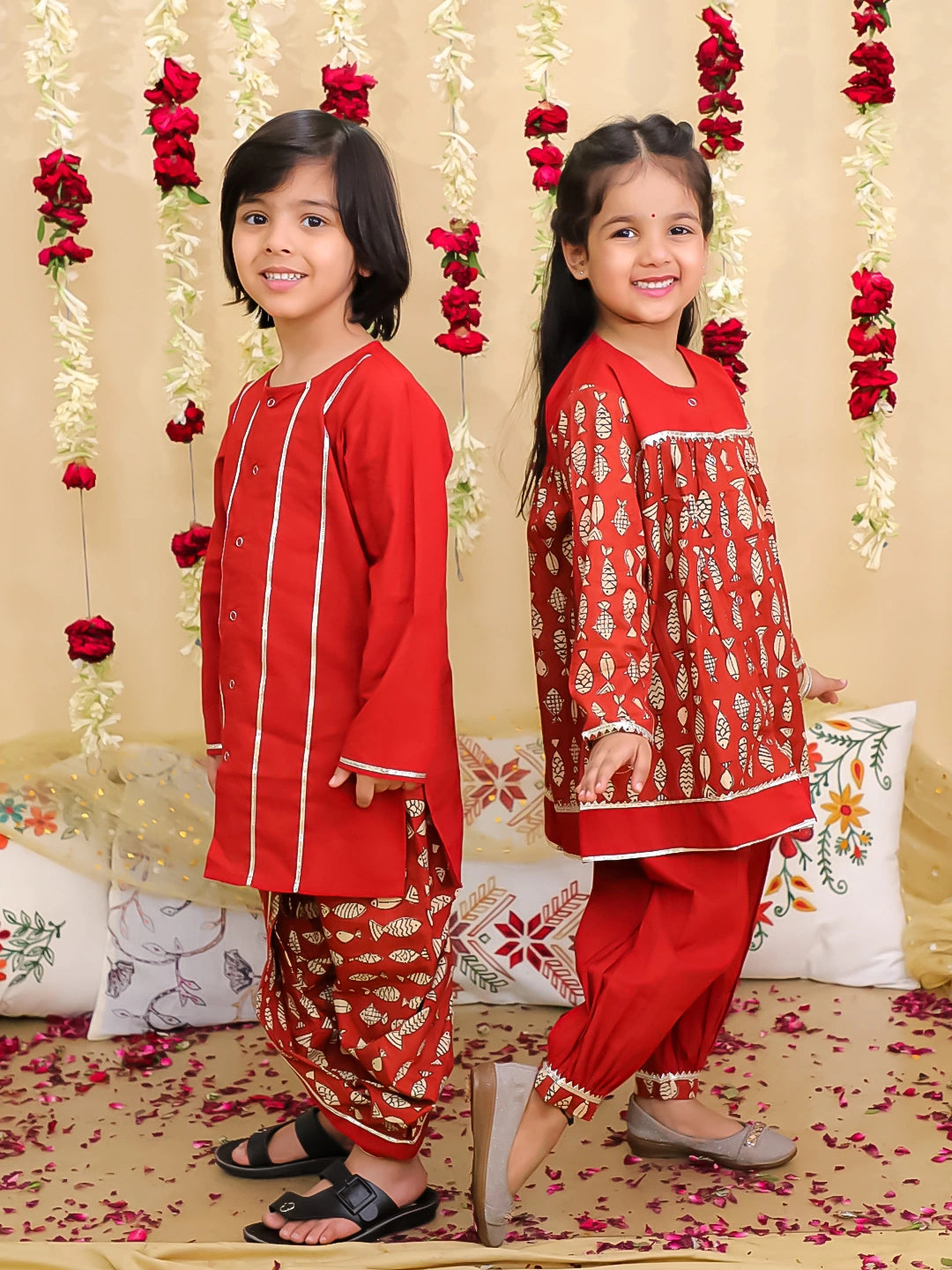 BownBee Festive Suit with Dhoti Kurta Sibling Set | Ethnic Wear for Brothers and Sisters – Maroon