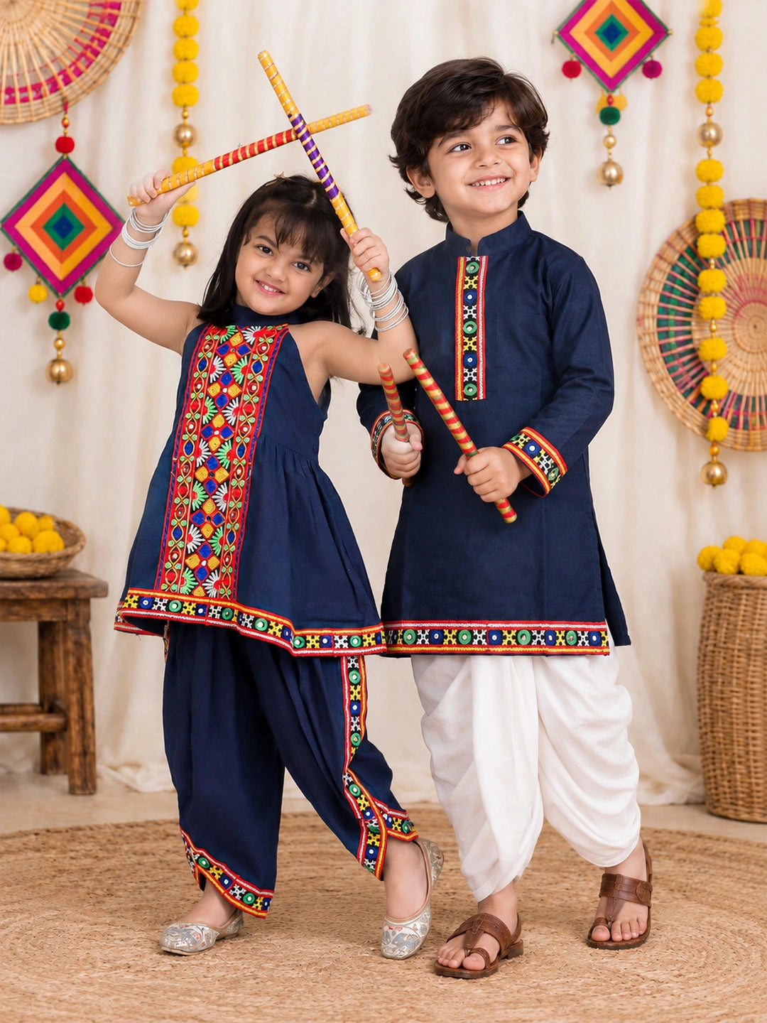 BownBee Pure Cotton Dhoti Kurta & Top Dhoti Sibling Set