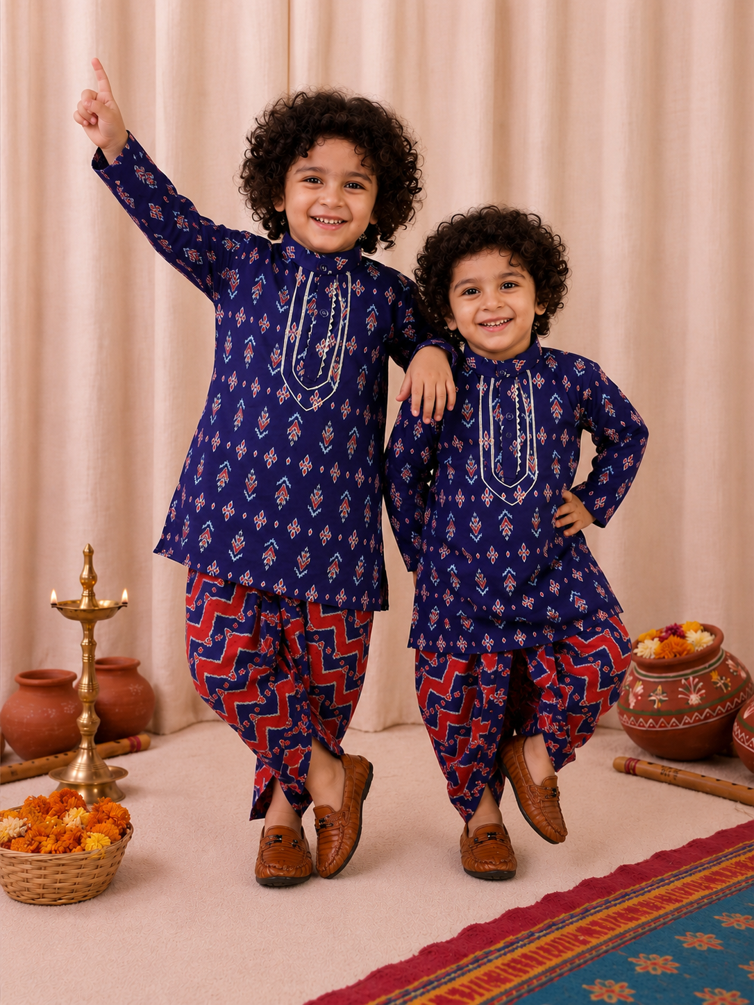 BownBee Pure Cotton Full Sleeve Dhoti Kurta Sibling Set Combo - Purple