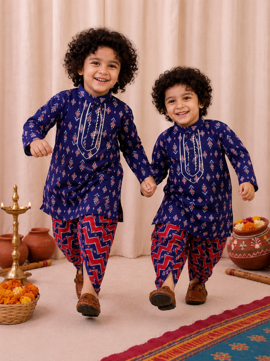 BownBee Pure Cotton Full Sleeve Dhoti Kurta Sibling Set Combo - Purple
