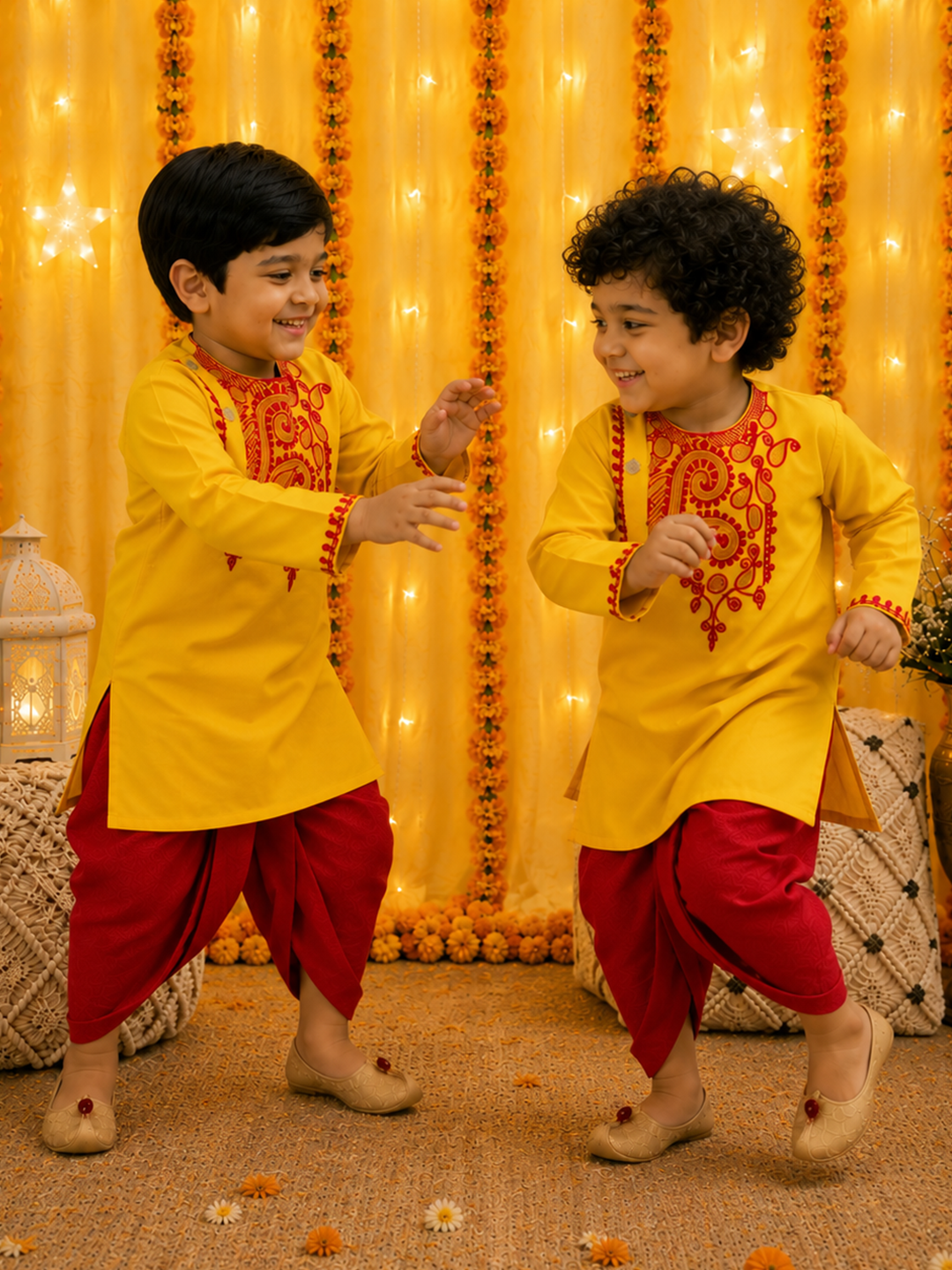 BownBee Pure Cotton Embroidered Dhoti Kurta Sibling Set Combo - Yellow