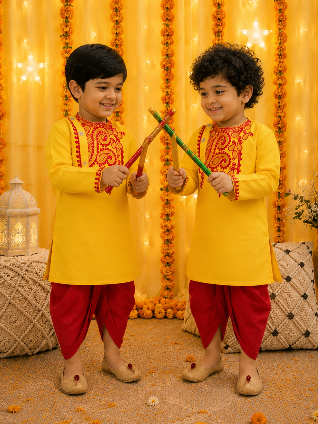 BownBee Pure Cotton Embroidered Dhoti Kurta Sibling Set Combo - Yellow