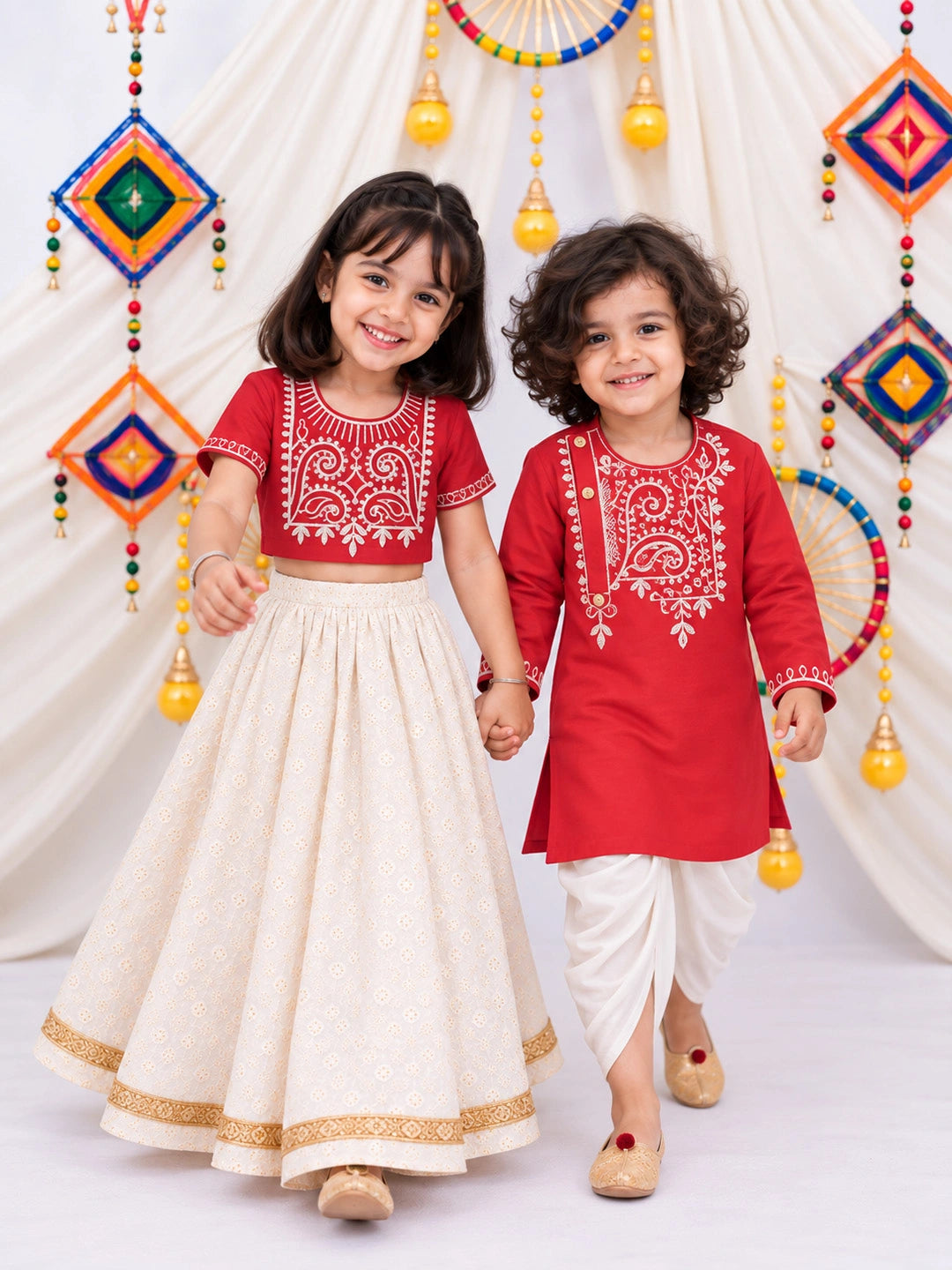 BownBee Embroidered Dhoti Kurta &Lehenga Choli Sibling Set