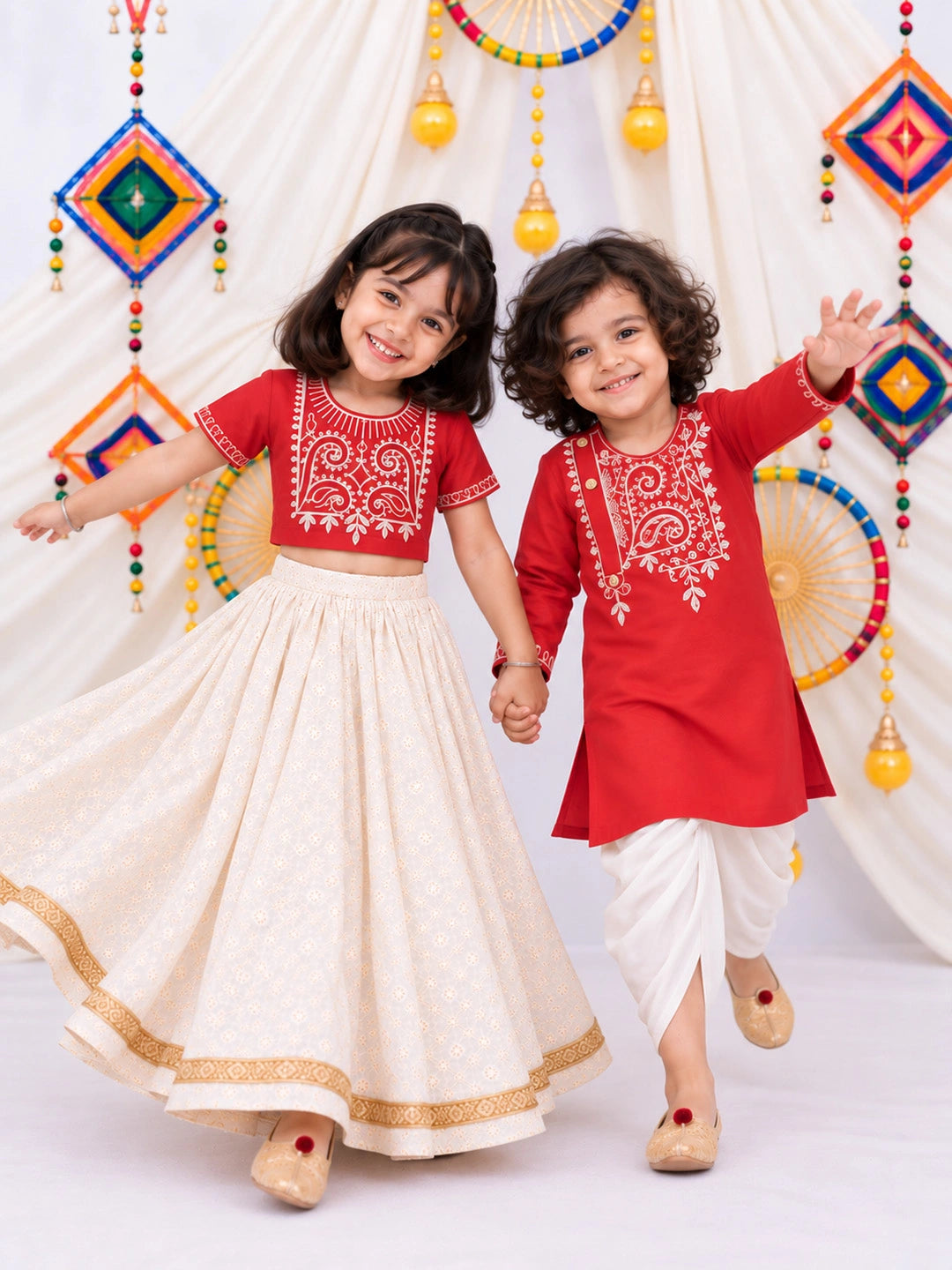 BownBee Embroidered Dhoti Kurta &Lehenga Choli Sibling Set