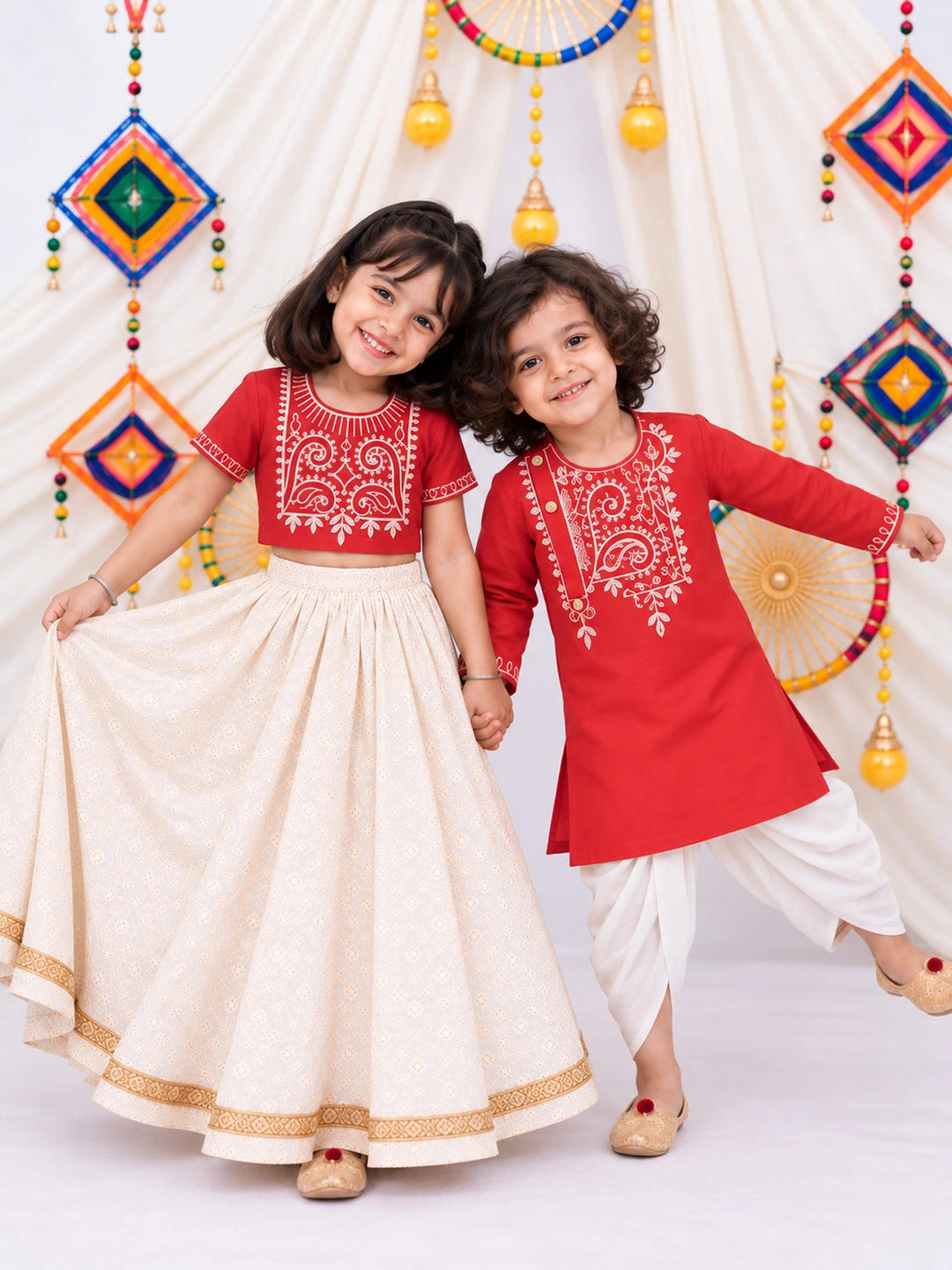 BownBee Embroidered Dhoti Kurta &Lehenga Choli Sibling Set