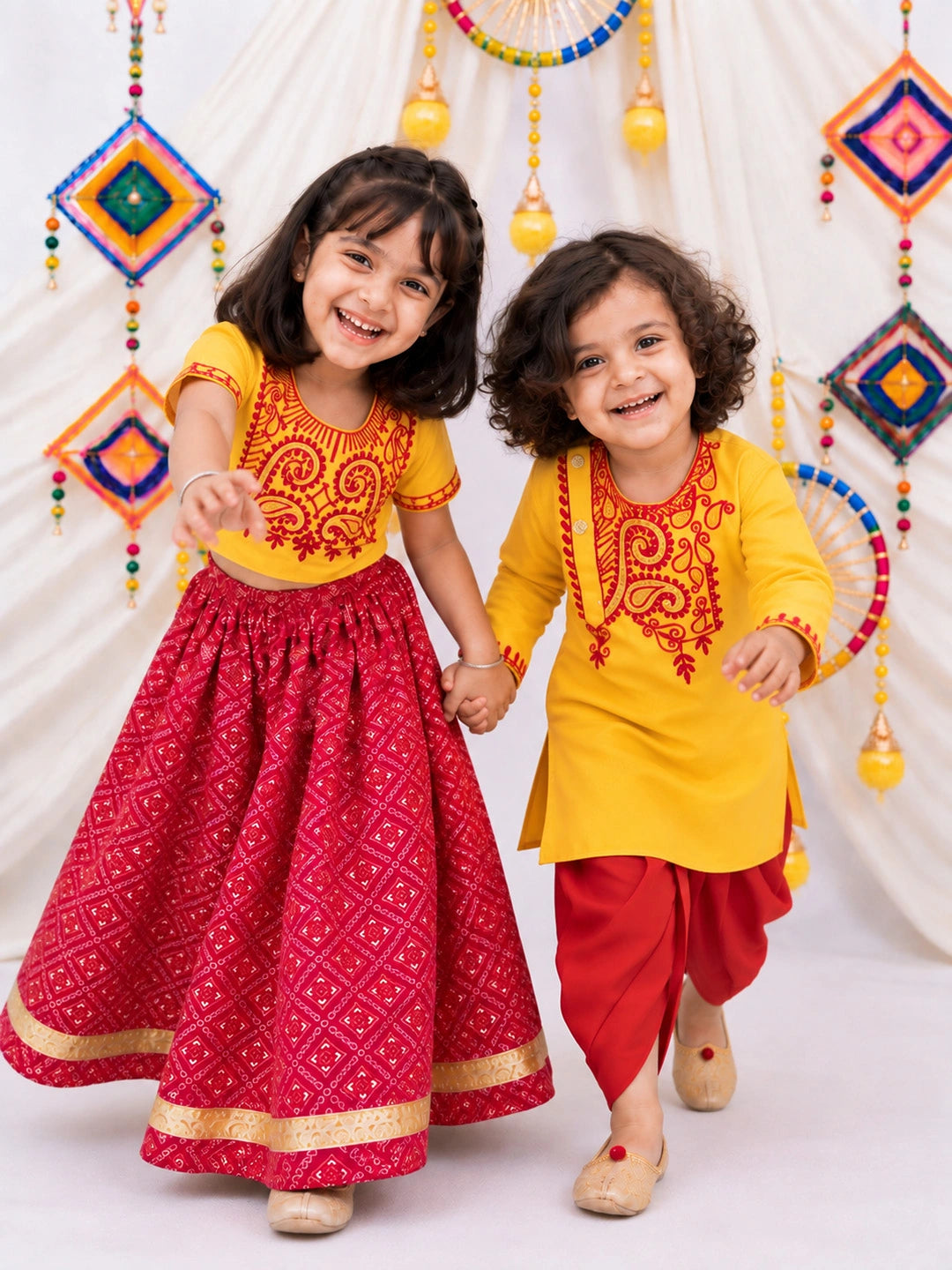 BownBee Embroidered Dhoti Kurta &Lehenga Choli Sibling Set