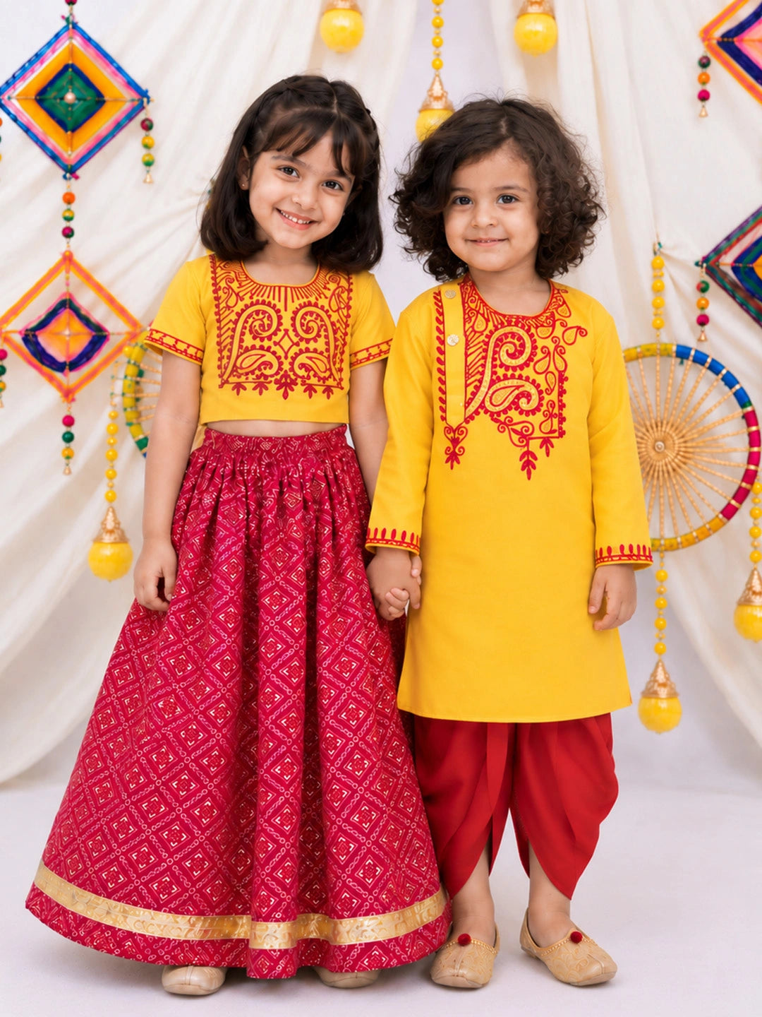 BownBee Embroidered Dhoti Kurta &Lehenga Choli Sibling Set