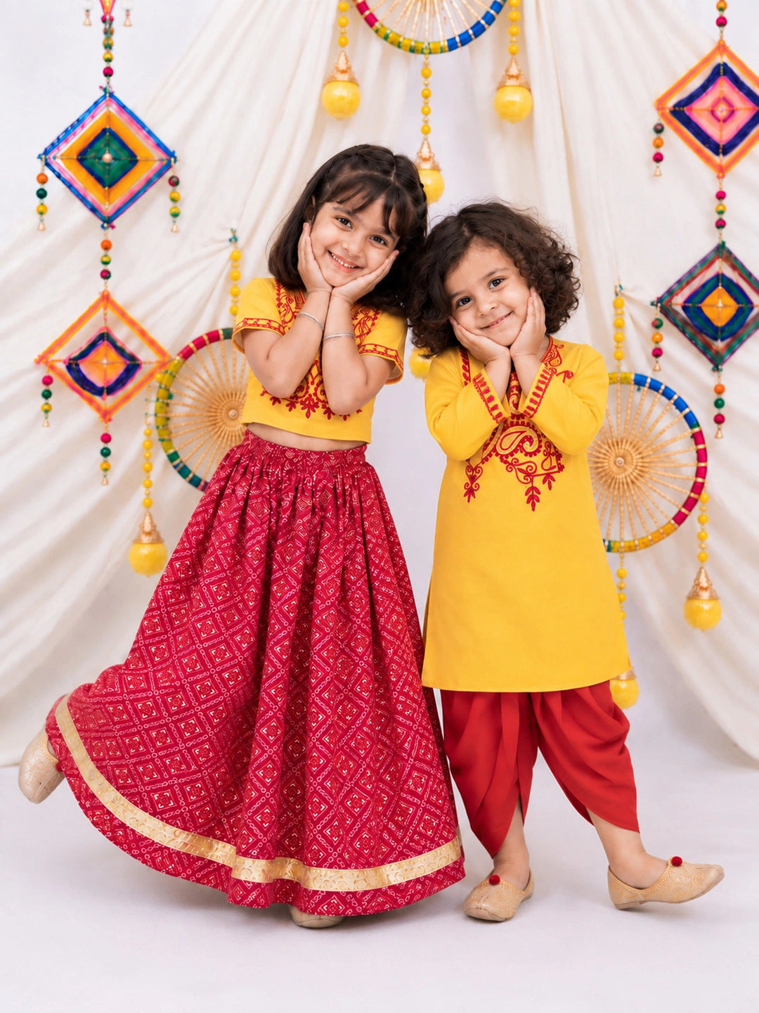 BownBee Embroidered Dhoti Kurta &Lehenga Choli Sibling Set