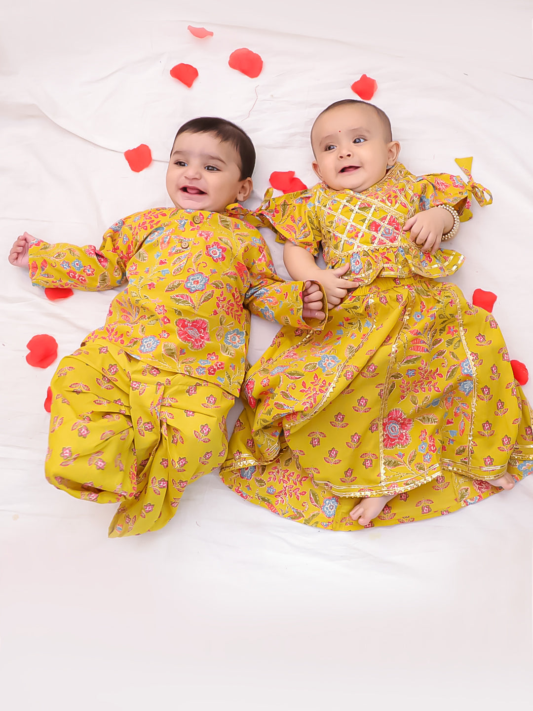 BownBee Festive Lehenga Choli & Dhoti Kurta Sibling Set For Infants - Yellow