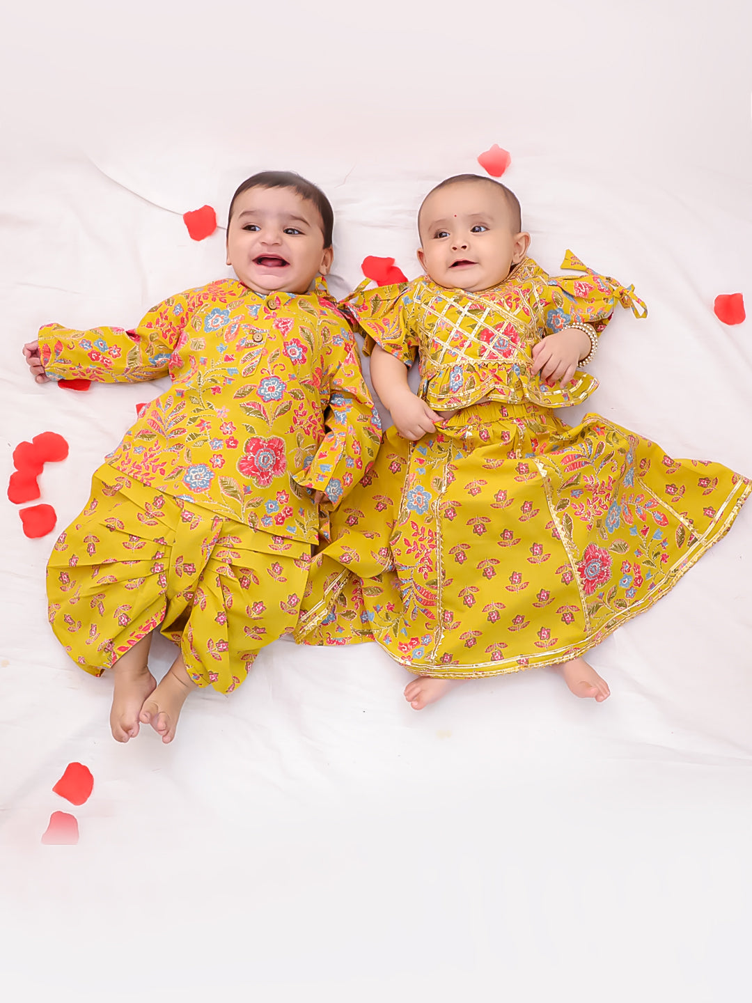 BownBee Festive Lehenga Choli & Dhoti Kurta Sibling Set For Infants - Yellow