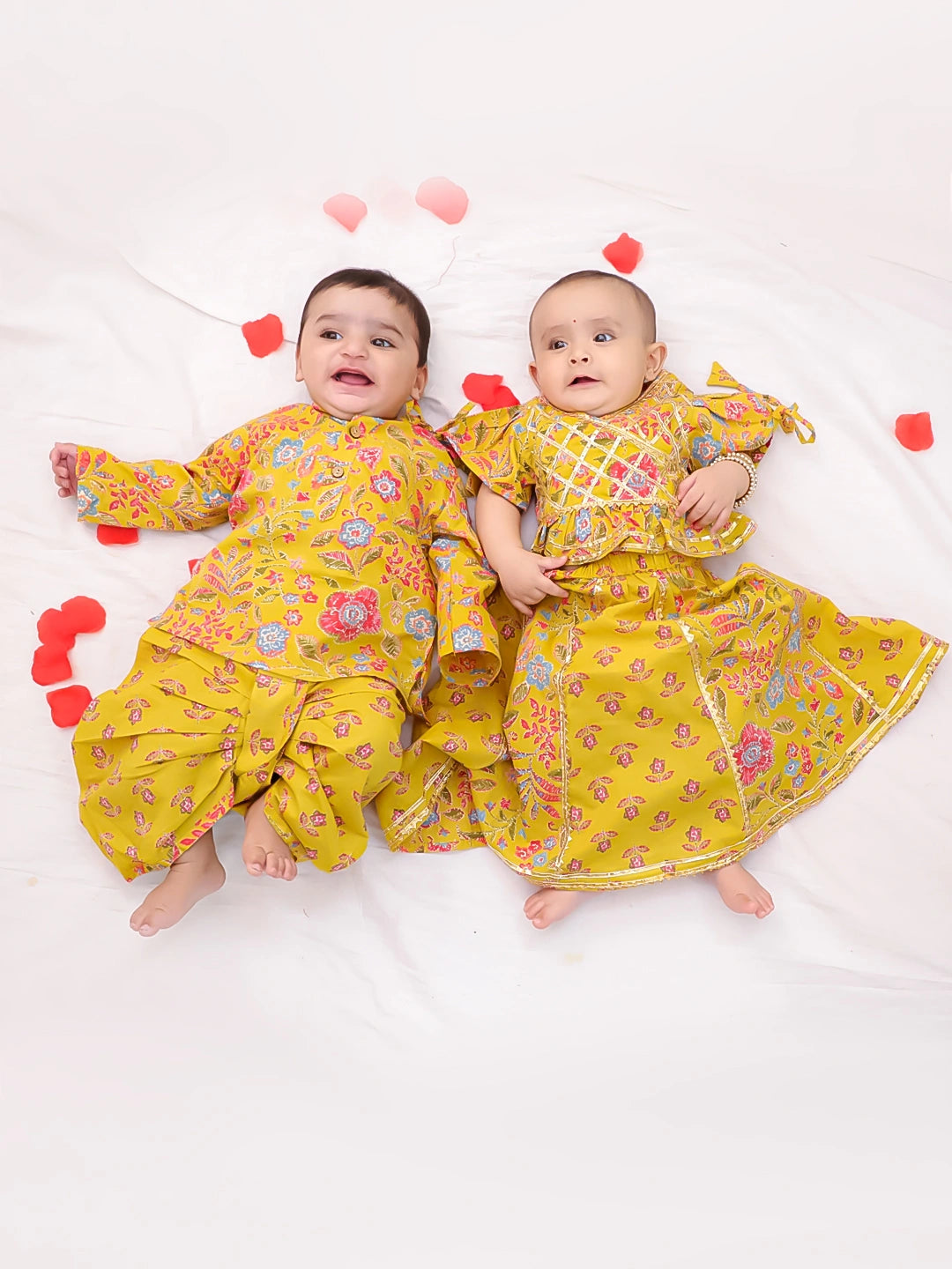 BownBee Festive Lehenga Choli & Dhoti Kurta Sibling Set For Infants - Yellow