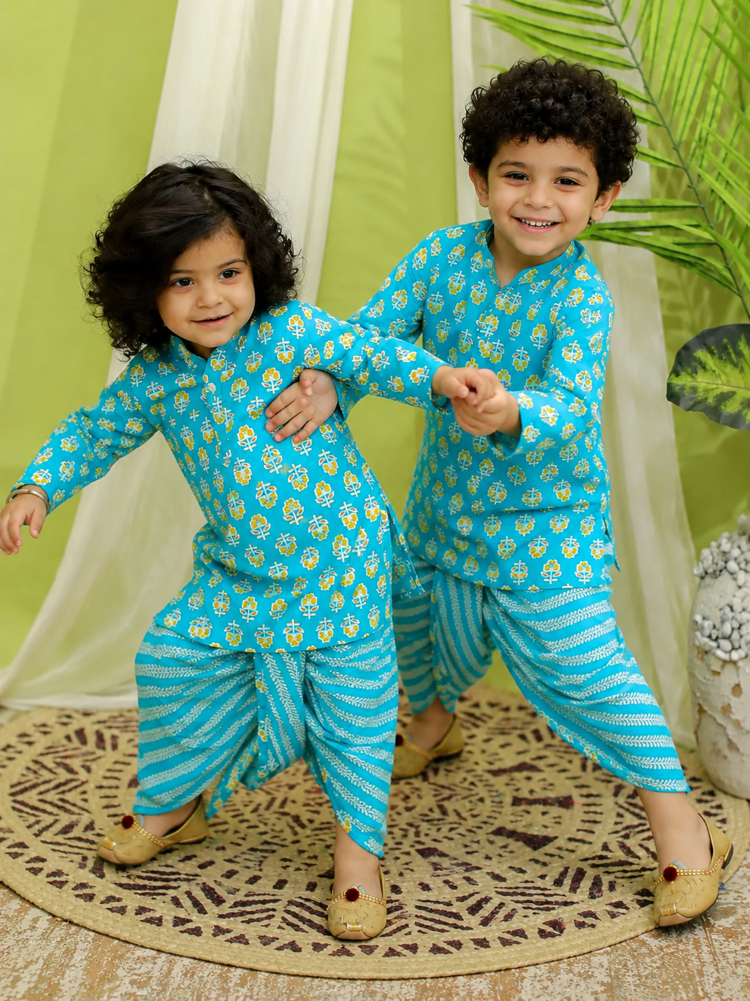 BownBee Pure Cotton Full Sleeve Dhoti Kurta Sibling Set Combo - Blue