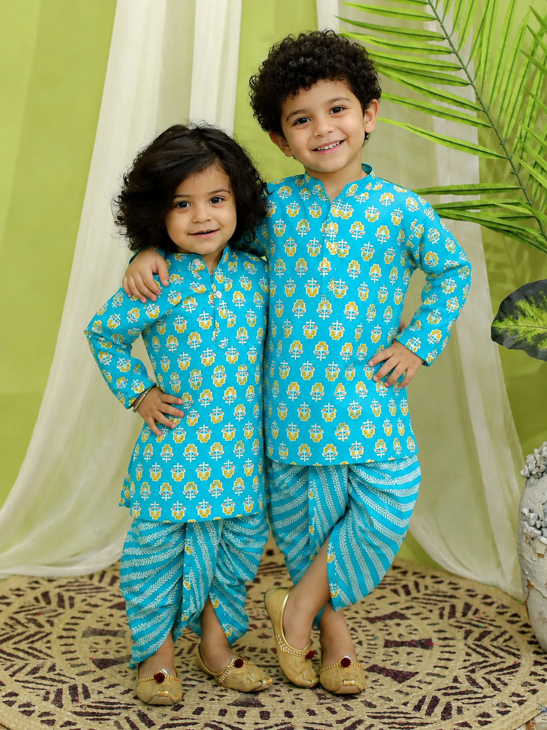 BownBee Pure Cotton Full Sleeve Dhoti Kurta Sibling Set Combo - Blue