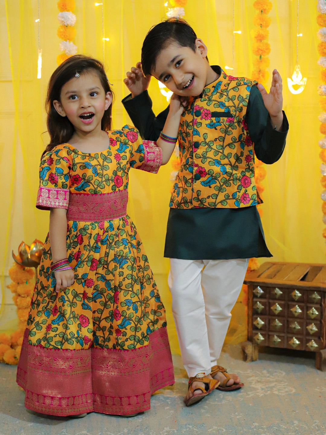 BownBee Sibling Set Kalamkari Print Jacket with Kurta Pajama for Boys- Yellow Kalamkari Print Party Dress Gown for Girls- Yellow