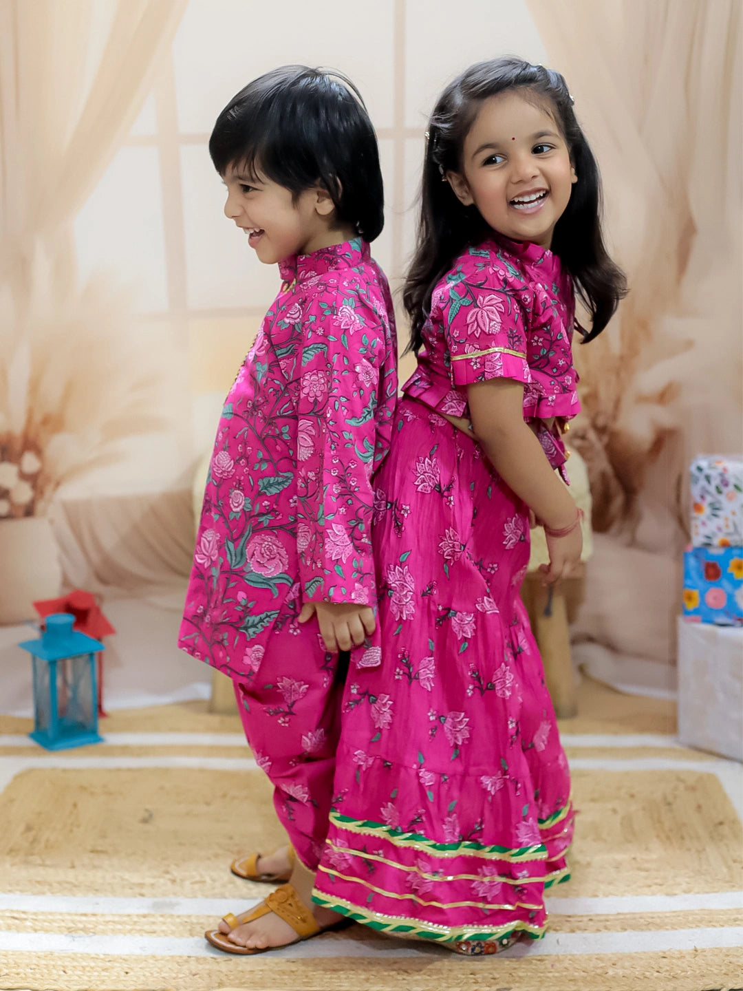 BownBee Sibling Set Pure Cotton Printed Dhoti Kurta with Front Open Choli Lehenga Set