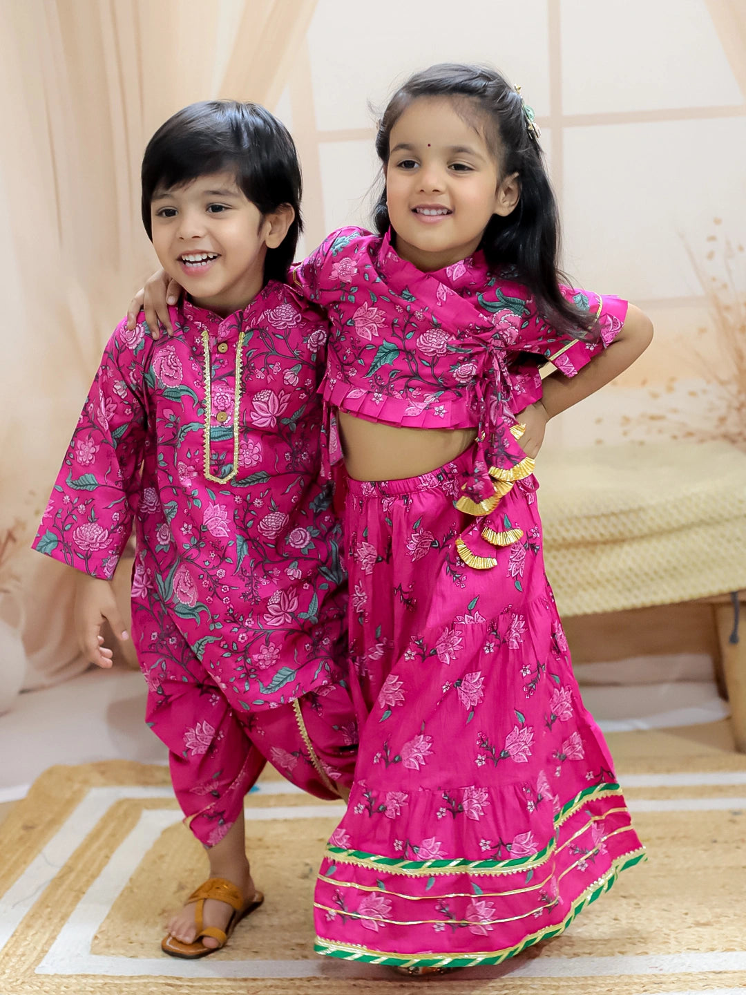 BownBee Sibling Set Pure Cotton Printed Dhoti Kurta with Front Open Choli Lehenga Set