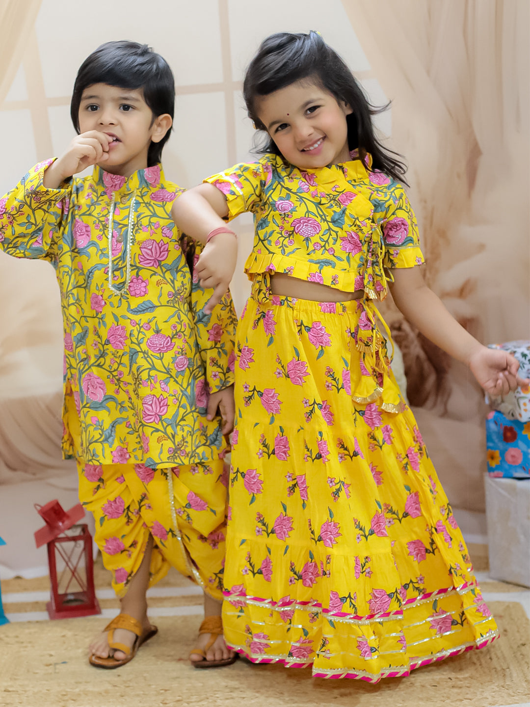 BownBee Sibling Set Pure Cotton Printed Dhoti Kurta with Front Open Choli Lehenga Set- Yellow
