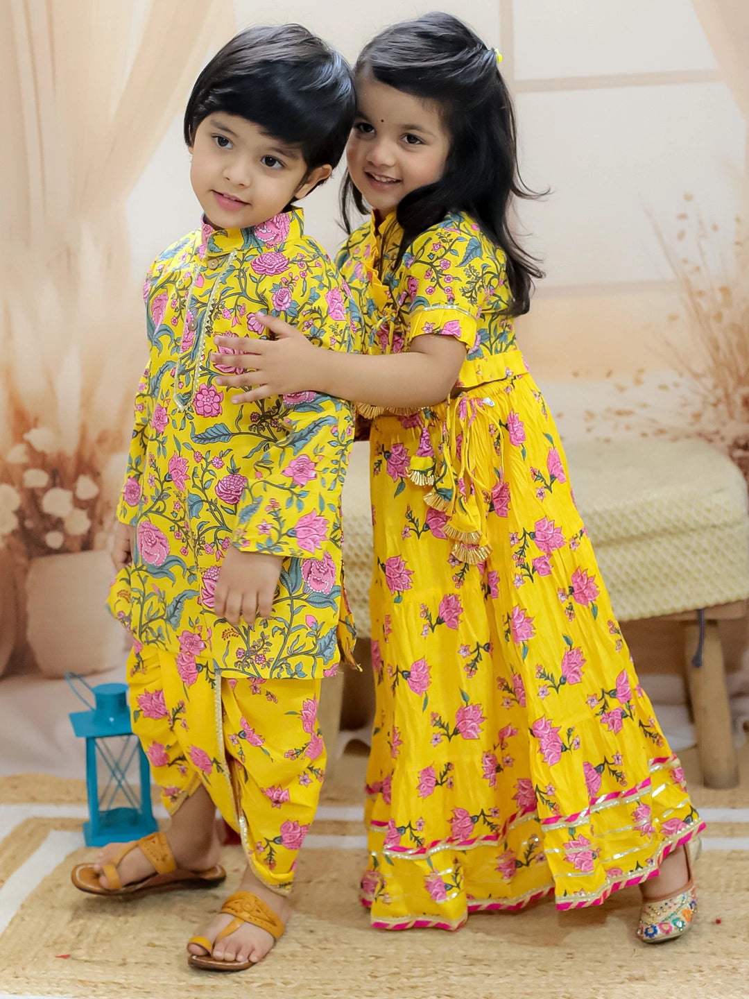 BownBee Sibling Set Pure Cotton Printed Dhoti Kurta with Front Open Choli Lehenga Set- Yellow