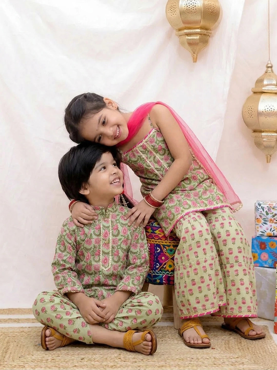 BownBee Pure cotton Dhoti Kurta & Ethnic Suit With Dupatta Sibling Set