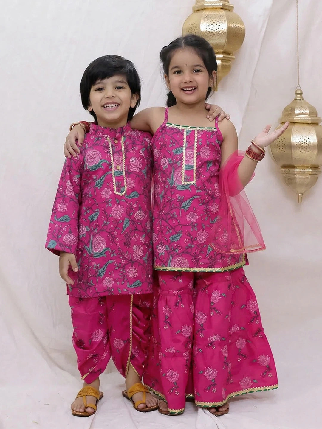 BownBee Pure cotton Dhoti Kurta & Ethnic Suit With Dupatta Sibling Set