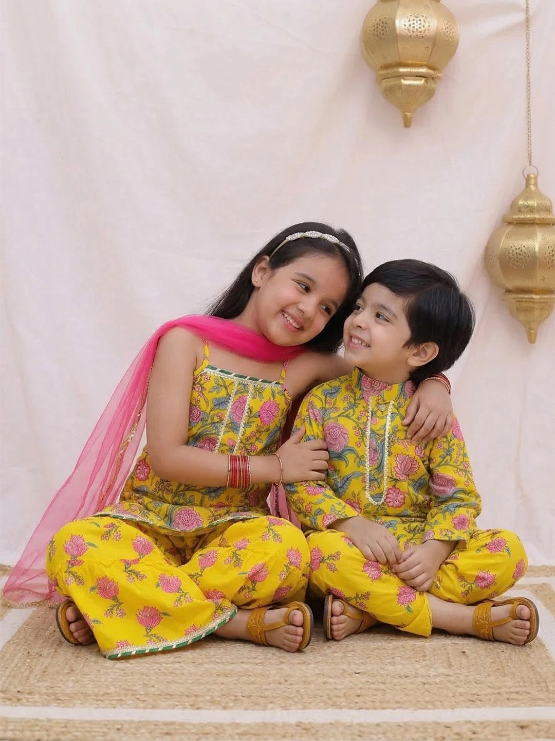 BownBee Pure cotton Dhoti Kurta & Ethnic Suit With Dupatta Sibling Set