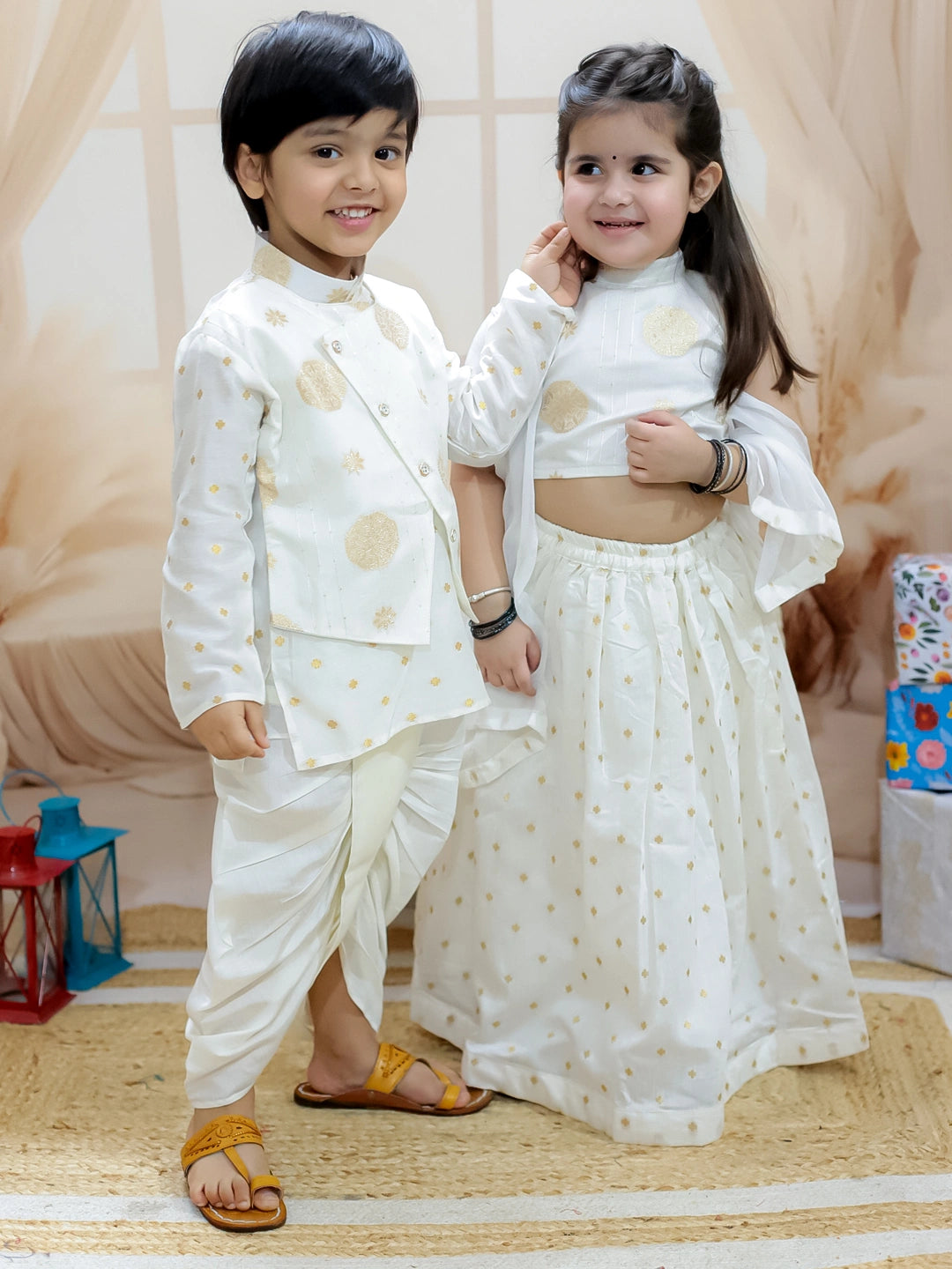 BownBee Sibling Set Pure Chanderi Jacket with Lining Kurta Dhoti with Back Open Choli Lehenga & Dupatta- White