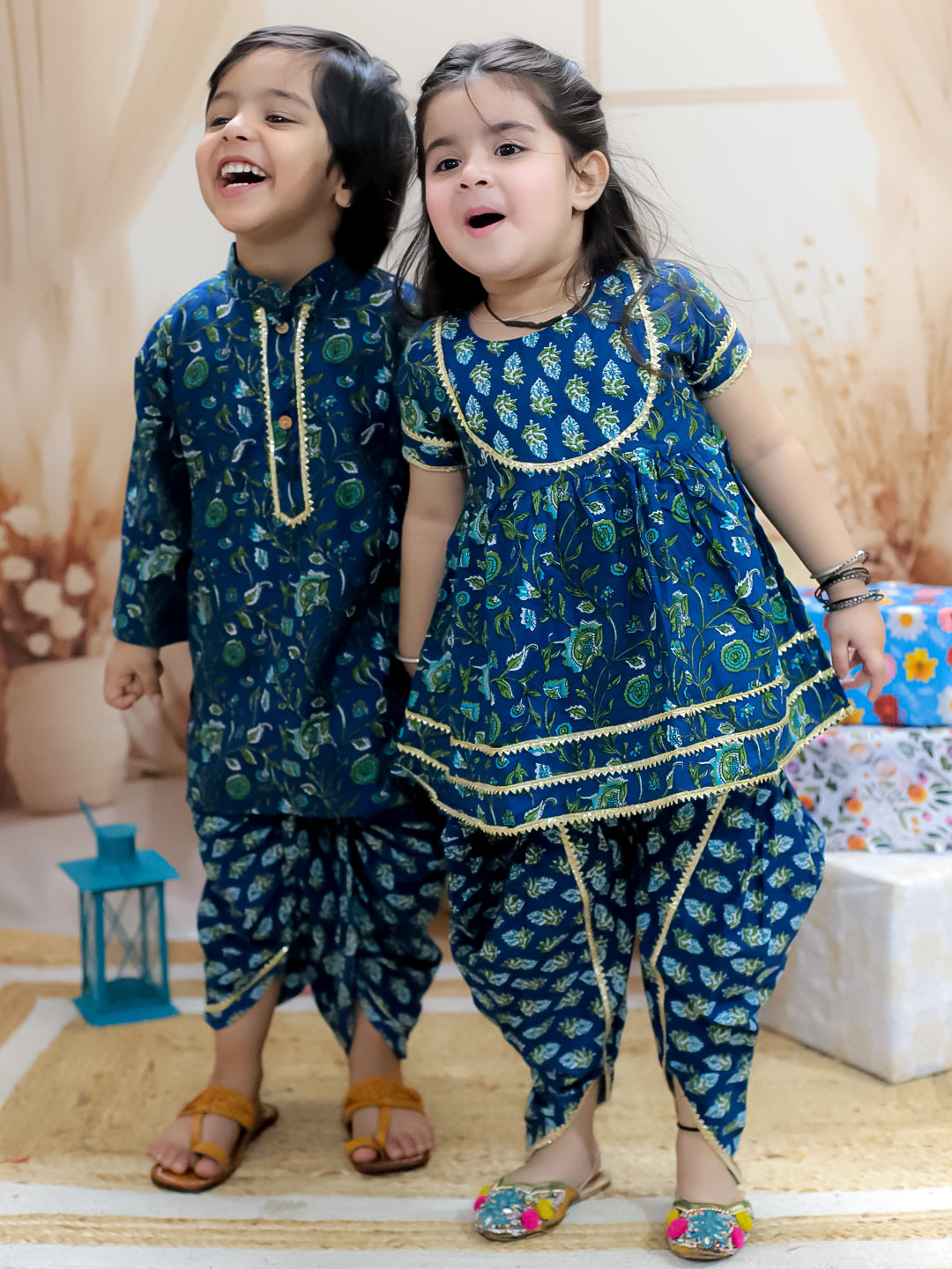 BownBee Sibling Set Pure Cotton Printed Kurta Dhoti with Pure Cotton Patch Top Dhoti-Blue