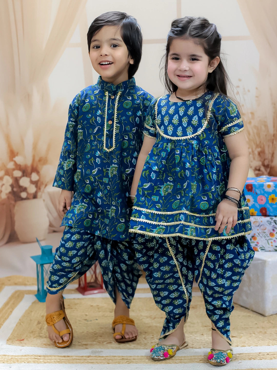 BownBee Sibling Set Pure Cotton Printed Kurta Dhoti with Pure Cotton Patch Top Dhoti-Blue