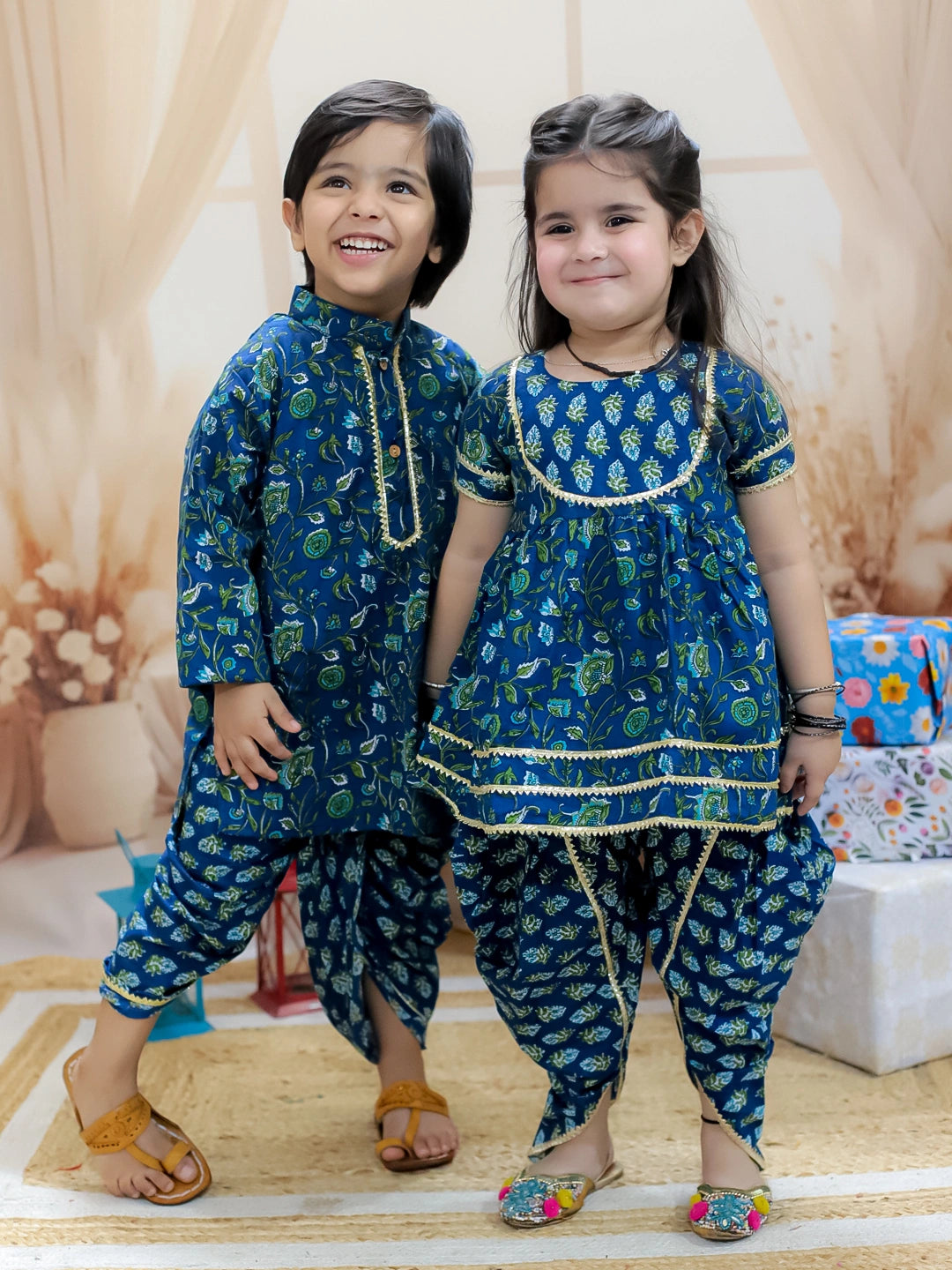 BownBee Sibling Set Pure Cotton Printed Kurta Dhoti with Pure Cotton Patch Top Dhoti-Blue